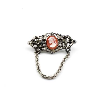 kleine Vintage Brosche Silberfarbe Filigran mit einer Gemme aus Kunststoff - Kamee Anstecknadel