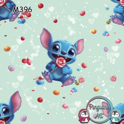 M396 PummelPinguine Exklusiver Kinderstoff Süßes blaues Monster Stoffdesign – Kawaii Fantasiewesen mit Lutscher