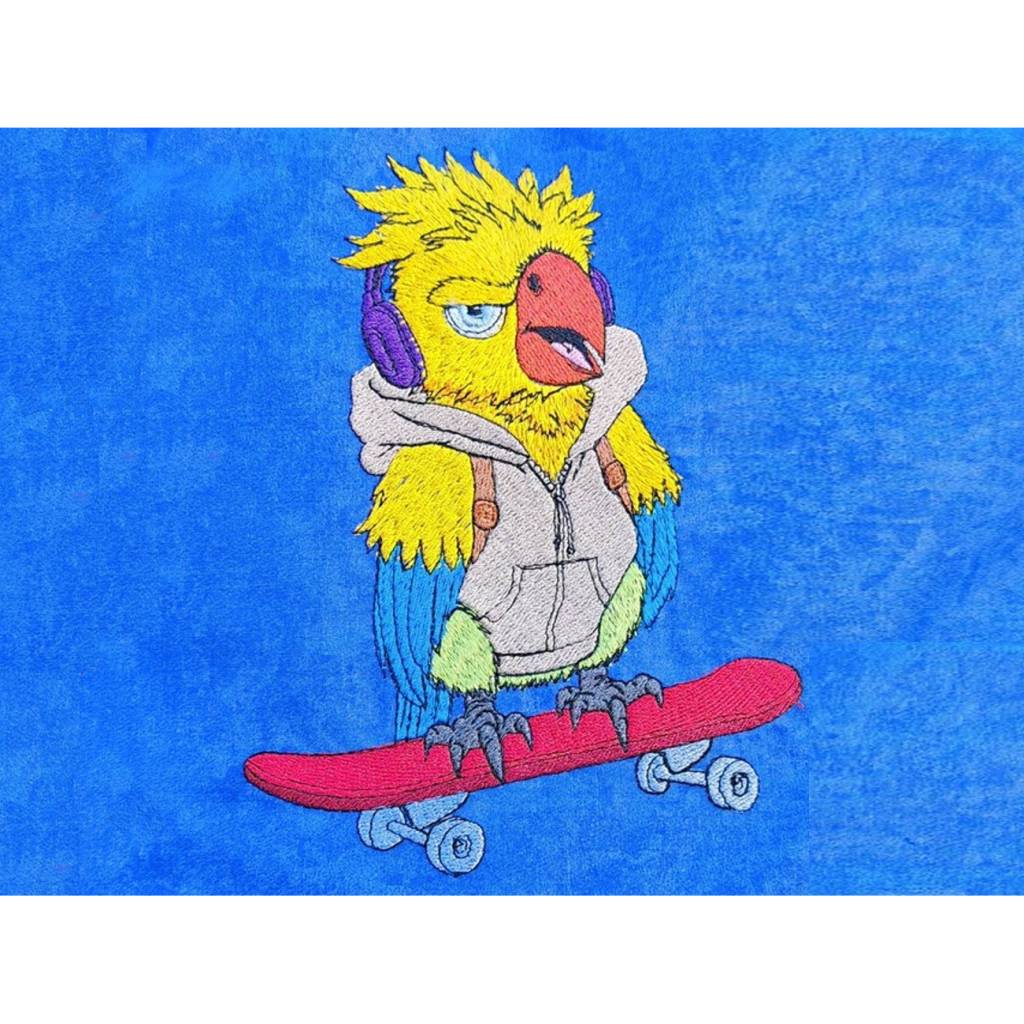 Papagei mit Skateboard Stickdatei 10x10cm – Cooles Vogelmotiv für deine Stickmaschine Bild 1