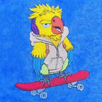 Papagei mit Skateboard Stickdatei 10x10cm – Cooles Vogelmotiv für deine Stickmaschine