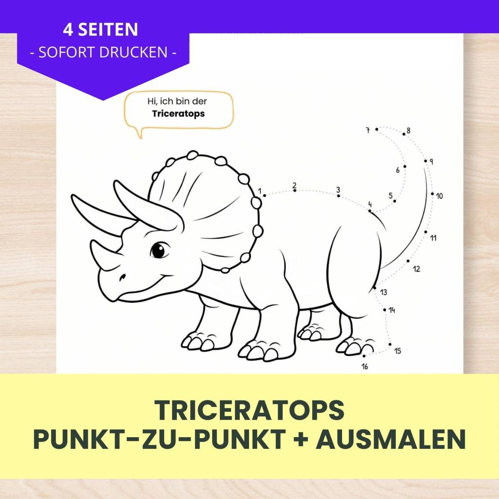 Verbinde die Punkte | Dino Punkt-zu-Punkt + Ausmalbild für Kinder 4-6 | Triceratops | PDF Download | digitaler Download Bild 1