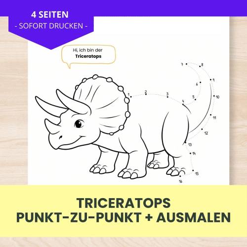 Verbinde die Punkte | Dino Punkt-zu-Punkt + Ausmalbild für Kinder 4-6 | Triceratops | PDF Download | digitaler Download 