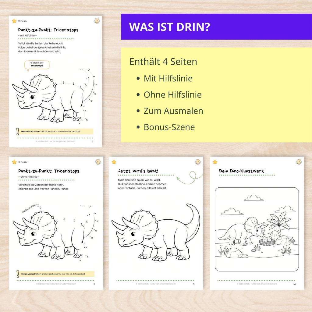 Verbinde die Punkte | Dino Punkt-zu-Punkt + Ausmalbild für Kinder 4-6 | Triceratops | PDF Download | digitaler Download Bild 2
