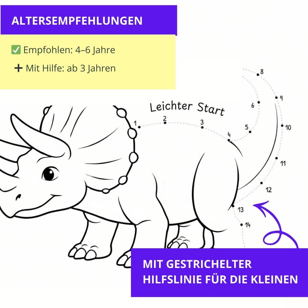 Verbinde die Punkte | Dino Punkt-zu-Punkt + Ausmalbild für Kinder 4-6 | Triceratops | PDF Download | digitaler Download Bild 3