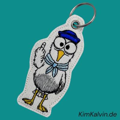 Schlüsselanhänger Coole Möwe mit erhobenen Mittelfinger / Gestickt / Taschenbaumler / Stickerei / Besondere Geschenkidee