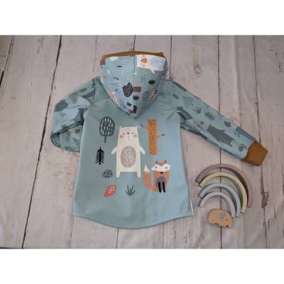 Softshell Jacke Waldtiere Mint Panel hinten – Bündchenfarbe wählbar – Gr. 86-140