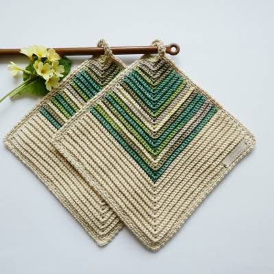 1 Paar gehäkelte Topflappen Schilf im Sand - Küchenhelfer,Potholder,Muttertag,Geschenk neue Wohnung,beige,grün