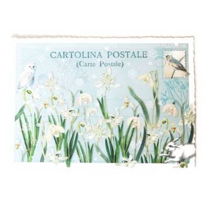Nostalgie Postkarte Geburtstagskarte Schneeglöckchen Frühlung Eule Schneehase