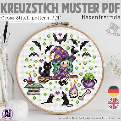Kreuzstich Vorlage PDF Hexenfreunde - Halloween Stickmuster Gothic Hexe mit Fledermäusen und Katze