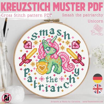 Kreuzstich Vorlage PDF - Feminismus - Smash the Patriarchy Unicorn