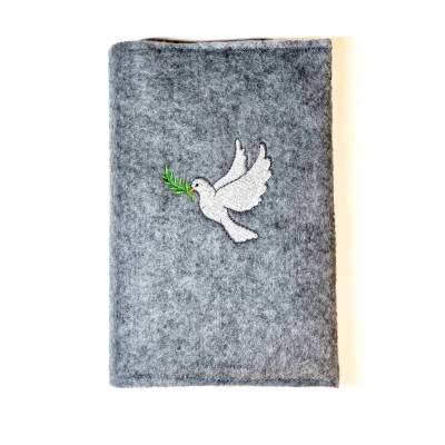 Gotteslobhülle Filz grau bestickt mit weißer Taube – Schutzhülle für Gotteslob Standardgröße