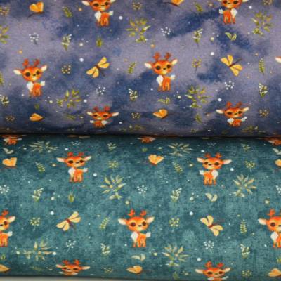 Alpenfleece Stoff mit Reh Waldtiere petrol und jeansblau 50 x 150 cm  Kuschelsweat ♕