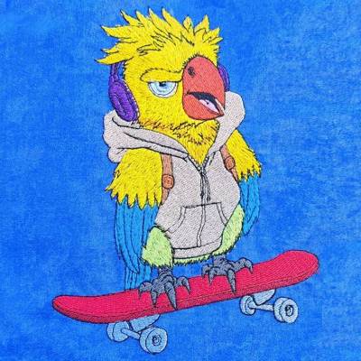 Papagei mit Skateboard Stickdatei 12-14x18cm – Cooles Vogelmotiv für deine Stickmaschine