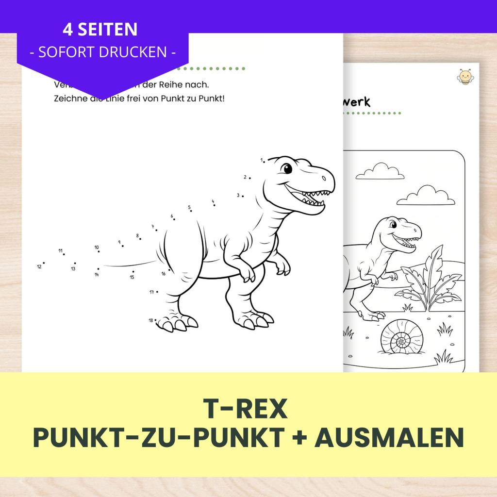 Verbinde die Punkte | Dino Punkt-zu-Punkt + Ausmalbild für Kinder 4-6 |  T-Rex | PDF Download | digitaler Download | 4 S Bild 1