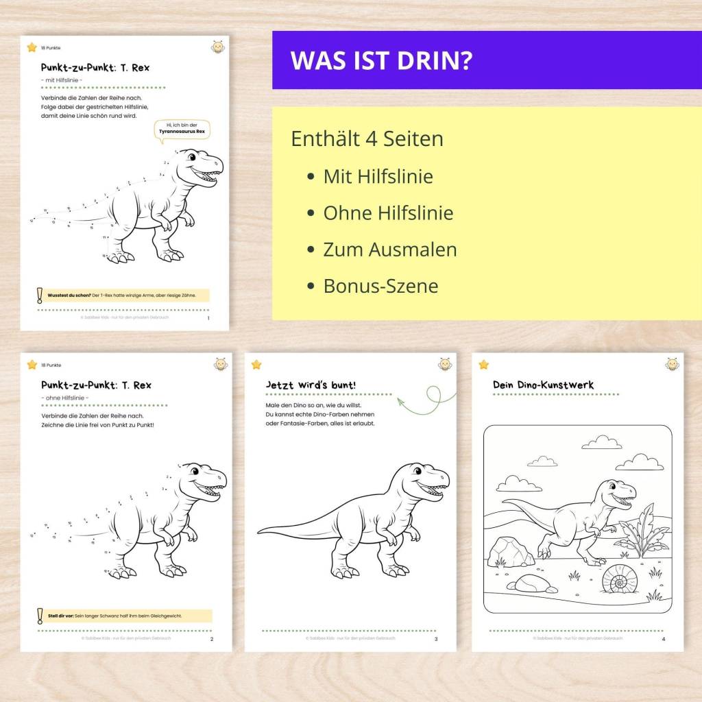 Verbinde die Punkte | Dino Punkt-zu-Punkt + Ausmalbild für Kinder 4-6 |  T-Rex | PDF Download | digitaler Download | 4 S Bild 2