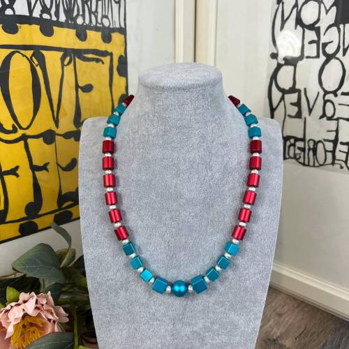 Türkis Rote Eloxierte Aluminium Damen Halskette – Choker, Damenkette, 51 cm, Karabinerverschluss, Handmade