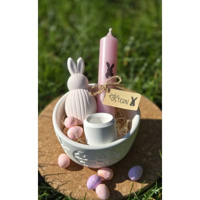 Geschenkset Osterschale ~ Schale mit Stabkerze u. Kerzenständer, Deko Hase Ostern