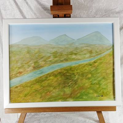 "Fluss der stillen Hügel", Gouache Bild, 30 x 40 cm