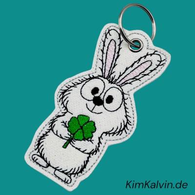 Schlüsselanhänger Hase | Kaninchen mit Kleeblatt / Gestickt / Taschenbaumler / Stickerei / Besondere Geschenkidee