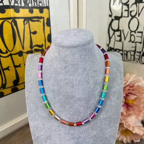 Regenbogen Damen Halskette eloxiertes Aluminium, Zylinder Ø6mm, Unisex, Herrenkette, Länge 47 cm