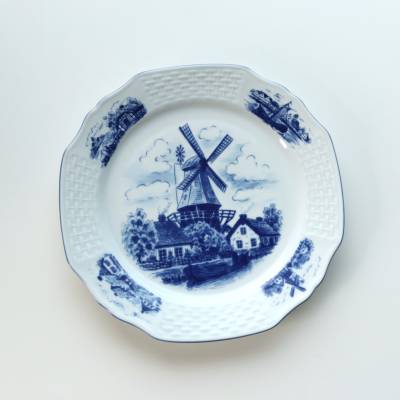 Vintage Teller Essteller Porzellan Bareuther Waldsassen Wandteller Blau Weiß Mühle Pizzateller