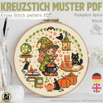Kreuzstich Vorlage PDF Pumpkin Spice Witch - Halloween und Herbst Stickmuster mit der Hexe