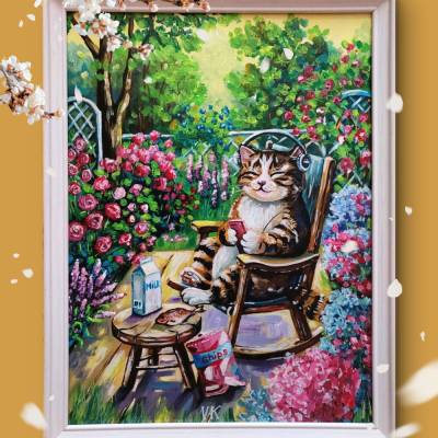 Original Gemälde 30x40 cm – Chillender Kater im Garten – Katze mit Kopfhörern – Wandbild gerahmt – Unikat Handgemalt