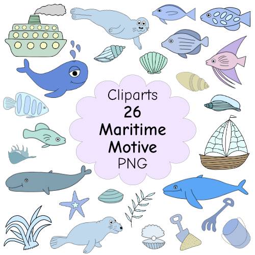 26 maritime Cliparts im Doodle-Stil als PNG – Bunte Meermotive zum Download Bild 1