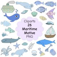 26 maritime Cliparts im Doodle-Stil als PNG – Bunte Meermotive zum Download