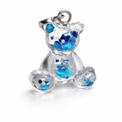 Bärchen Anhänger aus Harz mit blauen Holoflakes | Edelstahlöse silber | 2,2×2,1 cm | handgemacht