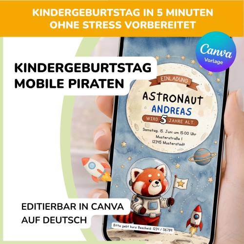 Einladung WhatsApp Kindergeburtstag Weltraum | Roter Panda Astronaut | digitale eCard | Canva editierbar | Drucken