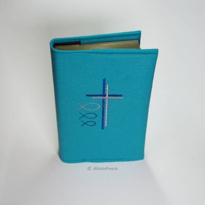 Gotteslob Filzhülle türkis bestickt – 2 Kreuze, 3 Fische – Geschenk zur Kommunion