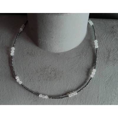 Zarte, federleichte Edelsteinkette, schwarzer Pyrit kombiniert mit Glitzer-Bergkristall, Unikat & reizendes Geschenk