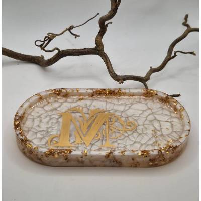 Deko Tablett Samt-Gold mit M - Geschenk