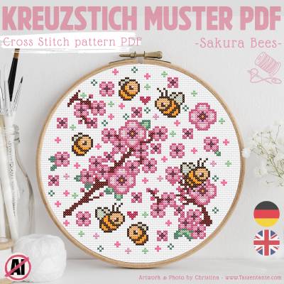 Kreuzstich Vorlage PDF Sakura Bees - Kirschblüten Bienen - Frühling Stickmuster