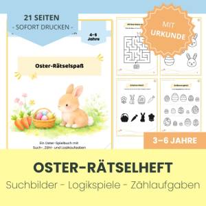 Oster Rätsel Aktivität Kinder 4–6 | Zählen & Logik Arbeitsblatt | Suchspiele + Denkaufgaben | PDF Digitaler Download