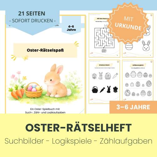 Oster Rätsel Aktivität Kinder 4–6 | Zählen & Logik Arbeitsblatt | Suchspiele + Denkaufgaben | PDF Digitaler Download