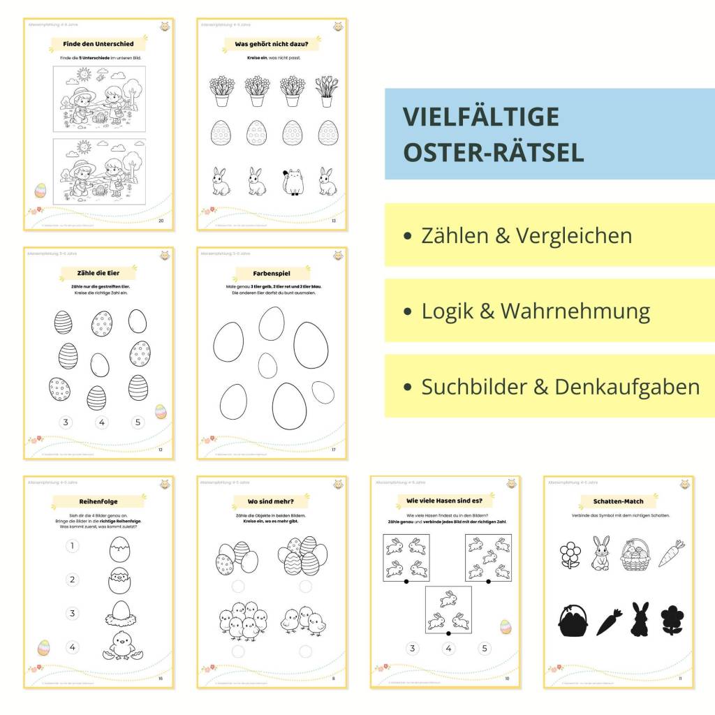 Oster Rätsel Aktivität Kinder 4–6 | Zählen & Logik Arbeitsblatt | Suchspiele + Denkaufgaben | PDF Digitaler Download Bild 3