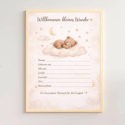 Geburtsposter Wolke & Bär PDF – Boho Babyzimmer Deko zum Ausfüllen & Ausdrucken | Geschenk zur Geburt