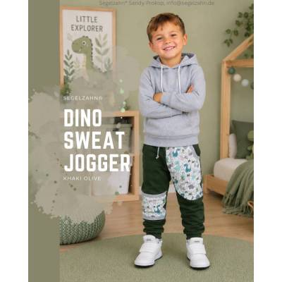 Dino Sweat Hose Kinder – Slim Fit Jogger in Khaki Olive | Bequeme Mitwachshose für Jungen & Mädchen | Kinderhose Unsisex