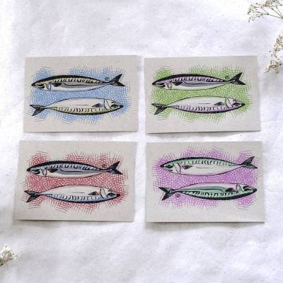  Fische – nachhaltige Postkarte auf Graspapier | Giclée Illustration einzeln oder als Set