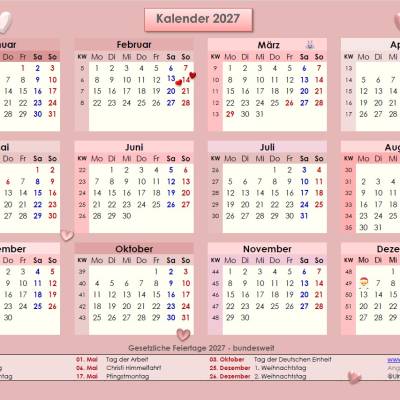 Jahreskalender 2027 auf einen Blick in Roséfarben - Querformat PDF – DIN A4 zum Ausdrucken
