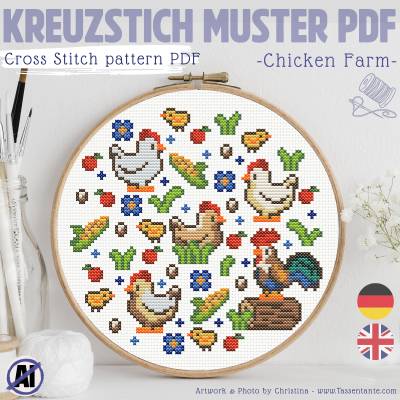 Kreuzstich Vorlage PDF Hühnchen - Gaming RPG Stickmuster Hühnchen und Hahn
