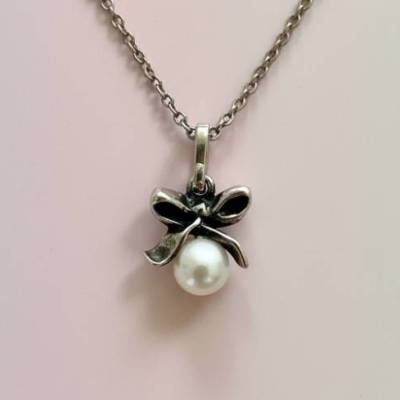Vintage Perlenanhänger 835 Silber Schleife mit 835 Silberkette 46cm – Retro Schmuck Geschenk