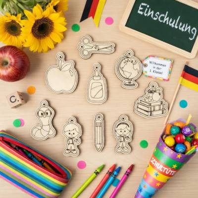 Stickdatei Anhänger Schule Outline – Schulkind Einschulung Set – 9 Motive für Schultüte & Schlüsselanhänger