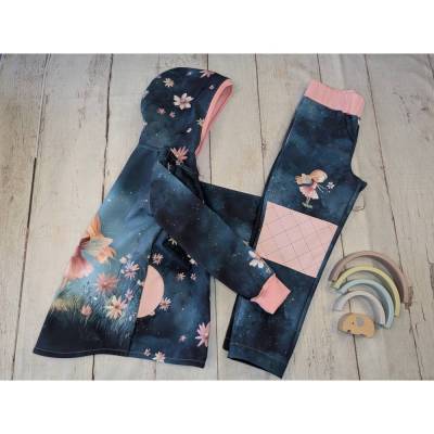 Regen-Set Jacke & Hose – blumige Fee blau, Bündchen wählbar, Gr. 86-140, Fleece, handmade
