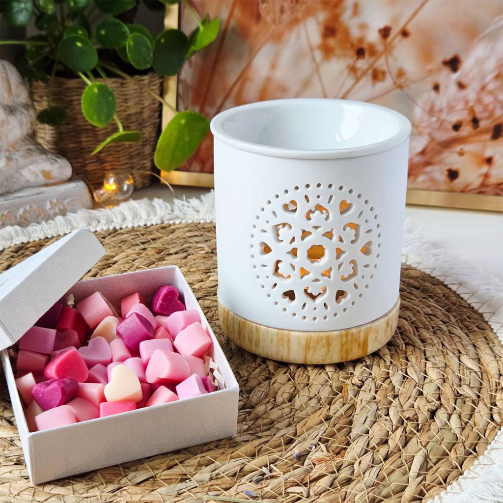 Weiße Keramik Duftlampe mit Mandala – Teelicht Aromalampe