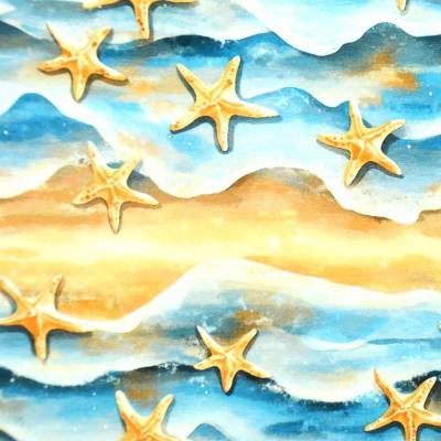 Strandspaziergang Jersey hellblau-sand mit Seesternen Strand Meer von Hilco 50 x 150 cm Nähen ♕