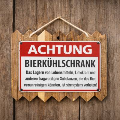 Lustiges Schild mit Spruch – Bierkühlschrank Blechschild auf Echtholz – Männer Geschenk für Partykeller, Werkstatt & Gar