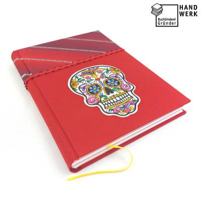 Notizbuch, Totenkopf Calavera Catrina, A5, 280 Seiten, rot, upcycling Krawatte, handgefertigt, füllertauglich